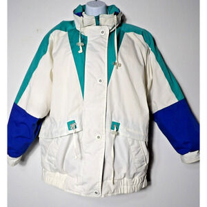 Vintage Izzi Winter Jacket Puffer Womens Large 12/14 White Blue Teal 80s 90s
